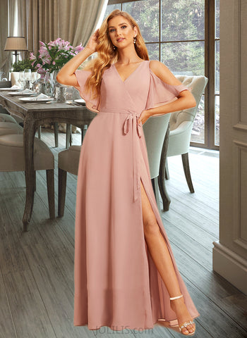 Persis A-Line V-neck Floor-Length Bridesmaid Dress With Split Front UKP0015381