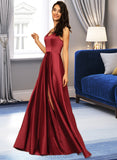 Tiara A-Line V-neck Floor-Length Satin Bridesmaid Dress With Pockets UKP0015382