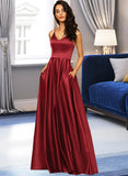 Tiara A-Line V-neck Floor-Length Satin Bridesmaid Dress With Pockets UKP0015382