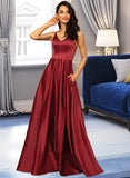 Tiara A-Line V-neck Floor-Length Satin Bridesmaid Dress With Pockets UKP0015382