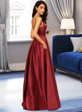 Tiara A-Line V-neck Floor-Length Satin Bridesmaid Dress With Pockets UKP0015382