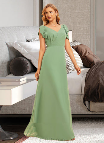 Gloria A-Line V-neck Floor-Length Bridesmaid Dress With Ruffle UKP0015386