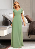 Gloria A-Line V-neck Floor-Length Bridesmaid Dress With Ruffle UKP0015386