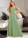 Gloria A-Line V-neck Floor-Length Bridesmaid Dress With Ruffle UKP0015386