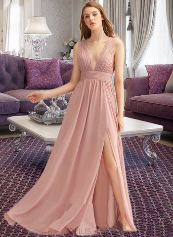 Allie A-Line V-neck Floor-Length Chiffon Bridesmaid Dress With Split Front UKP0015391