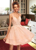 Ingrid A-Line V-neck Short/Mini Tulle Homecoming Dress With Lace UKP0015397