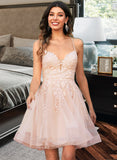 Baylee A-Line V-neck Short/Mini Tulle Homecoming Dress With Lace Sequins UKP0015416