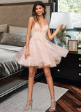 Baylee A-Line V-neck Short/Mini Tulle Homecoming Dress With Lace Sequins UKP0015416