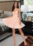 Baylee A-Line V-neck Short/Mini Tulle Homecoming Dress With Lace Sequins UKP0015416