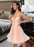 Baylee A-Line V-neck Short/Mini Tulle Homecoming Dress With Lace Sequins UKP0015416