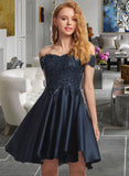 Jaylen A-Line Off-the-Shoulder Short/Mini Satin Homecoming Dress With Lace UKP0015419