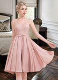 Frances A-Line V-neck Knee-Length Chiffon Lace Homecoming Dress With Lace Bow(s) UKP0015422