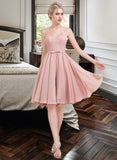 Frances A-Line V-neck Knee-Length Chiffon Lace Homecoming Dress With Lace Bow(s) UKP0015422