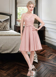 Frances A-Line V-neck Knee-Length Chiffon Lace Homecoming Dress With Lace Bow(s) UKP0015422