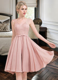 Frances A-Line V-neck Knee-Length Chiffon Lace Homecoming Dress With Lace Bow(s) UKP0015422