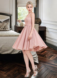 Frances A-Line V-neck Knee-Length Chiffon Lace Homecoming Dress With Lace Bow(s) UKP0015422