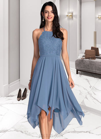 Yuliana A-Line Halter Asymmetrical Chiffon Homecoming Dress With Lace UKP0015423