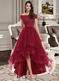 Hazel A-Line Off-the-Shoulder Asymmetrical Tulle Homecoming Dress With Lace Beading Bow(s) UKP0015424