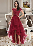 Hazel A-Line Off-the-Shoulder Asymmetrical Tulle Homecoming Dress With Lace Beading Bow(s) UKP0015424