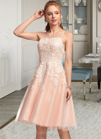 Abigail A-Line Square Neckline Knee-Length Tulle Homecoming Dress With Lace Beading UKP0015427