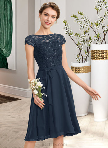 Fernanda A-Line Scoop Neck Knee-Length Chiffon Lace Homecoming Dress With Bow(s) UKP0015429