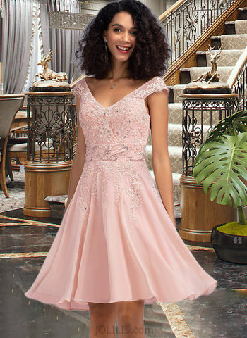 Ingrid A-Line V-neck Knee-Length Chiffon Homecoming Dress With Lace Beading UKP0015440