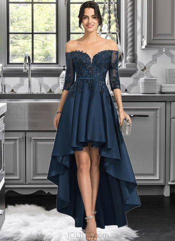 Makayla A-Line Off-the-Shoulder Asymmetrical Satin Homecoming Dress With Lace UKP0015441