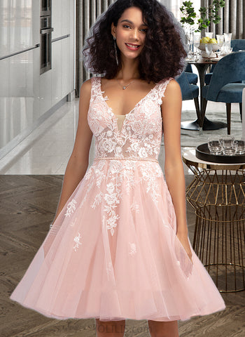 Saniya A-Line V-neck Knee-Length Tulle Homecoming Dress With Lace Beading Sequins UKP0015450