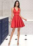 Elsie A-Line V-neck Short/Mini Satin Homecoming Dress With Bow(s) UKP0015451