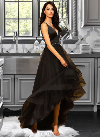 Lacey A-Line V-neck Asymmetrical Tulle Homecoming Dress With Beading UKP0015453