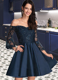 Adelaide A-Line Off-the-Shoulder Short/Mini Satin Homecoming Dress With Lace UKP0015465