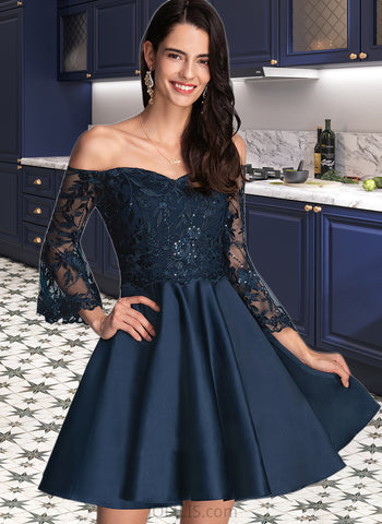 Adelaide A-Line Off-the-Shoulder Short/Mini Satin Homecoming Dress With Lace UKP0015465