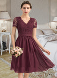 LuLu A-Line V-neck Knee-Length Chiffon Lace Homecoming Dress With Lace UKP0015467