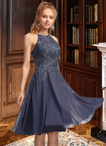 Alondra A-Line Scoop Neck Knee-Length Chiffon Homecoming Dress With Lace Appliques Lace UKP0015469