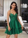 Donna A-Line V-neck Short/Mini Satin Lace Homecoming Dress With Lace Sequins UKP0015479