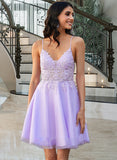 Lena A-Line V-neck Short/Mini Tulle Homecoming Dress With Lace Beading UKP0015480