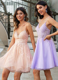 Lena A-Line V-neck Short/Mini Tulle Homecoming Dress With Lace Beading UKP0015480