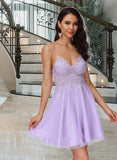 Lena A-Line V-neck Short/Mini Tulle Homecoming Dress With Lace Beading UKP0015480