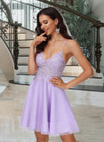 Lena A-Line V-neck Short/Mini Tulle Homecoming Dress With Lace Beading UKP0015480