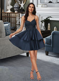 Helena A-Line V-neck Short/Mini Satin Homecoming Dress With Lace UKP0015481