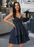 Helena A-Line V-neck Short/Mini Satin Homecoming Dress With Lace UKP0015481