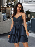 Helena A-Line V-neck Short/Mini Satin Homecoming Dress With Lace UKP0015481