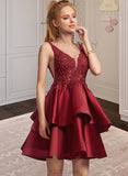 Haven A-Line V-neck Short/Mini Satin Homecoming Dress With Lace Beading Sequins UKP0015510