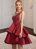 Haven A-Line V-neck Short/Mini Satin Homecoming Dress With Lace Beading Sequins UKP0015510