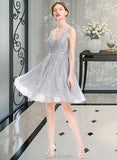 Gretchen A-Line V-neck Knee-Length Tulle Homecoming Dress With Lace Beading Sequins UKP0015521