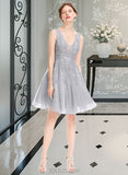 Gretchen A-Line V-neck Knee-Length Tulle Homecoming Dress With Lace Beading Sequins UKP0015521