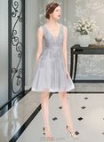 Gretchen A-Line V-neck Knee-Length Tulle Homecoming Dress With Lace Beading Sequins UKP0015521