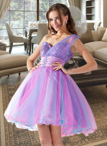 Taryn A-Line One-Shoulder Short/Mini Tulle Homecoming Dress With Ruffle Beading Sequins UKP0015525