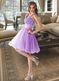 Taryn A-Line One-Shoulder Short/Mini Tulle Homecoming Dress With Ruffle Beading Sequins UKP0015525