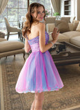 Taryn A-Line One-Shoulder Short/Mini Tulle Homecoming Dress With Ruffle Beading Sequins UKP0015525